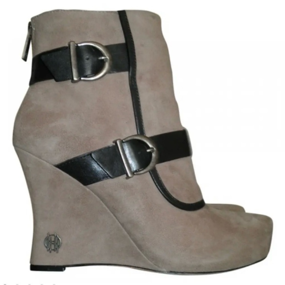 Women's Taupe Suede Wedge Ankle Boots with Black Strap Detail